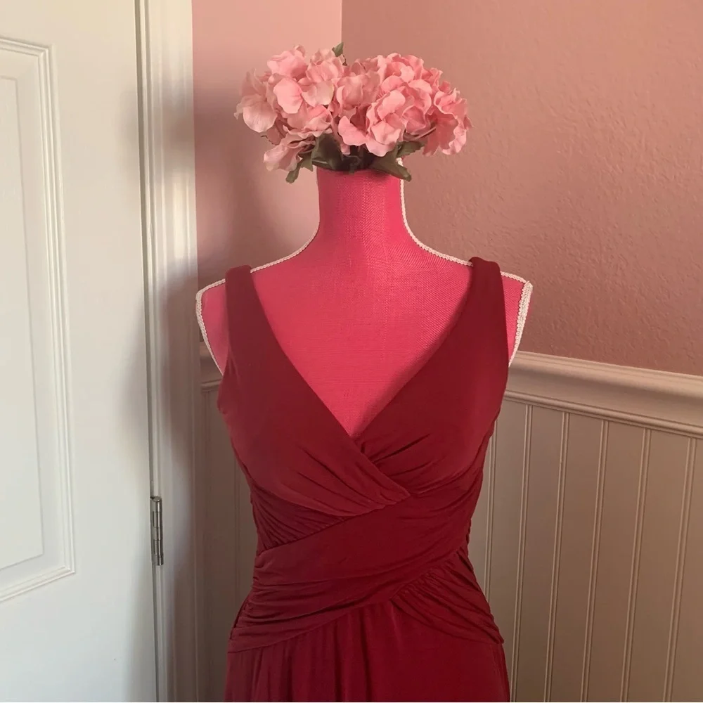 Red Stretchy Nylon Formal Gown with Gathered Waist, roughly size M - Picture 2 of 8